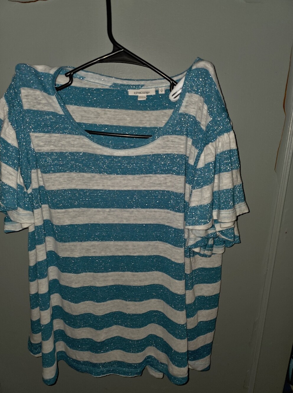 Chico's Teal and White Sparkle Stripe Short Sleeve Top